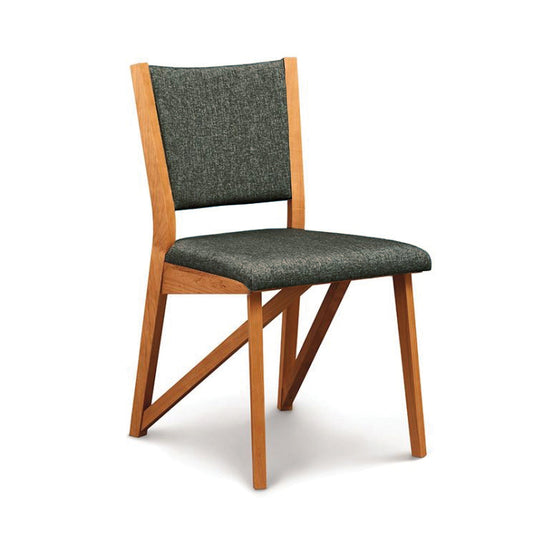 Exeter Cherry Side Chair by Copeland Furniture with angled cherry legs and dark grey upholstery, crafted in the USA from sustainably sourced hardwood.