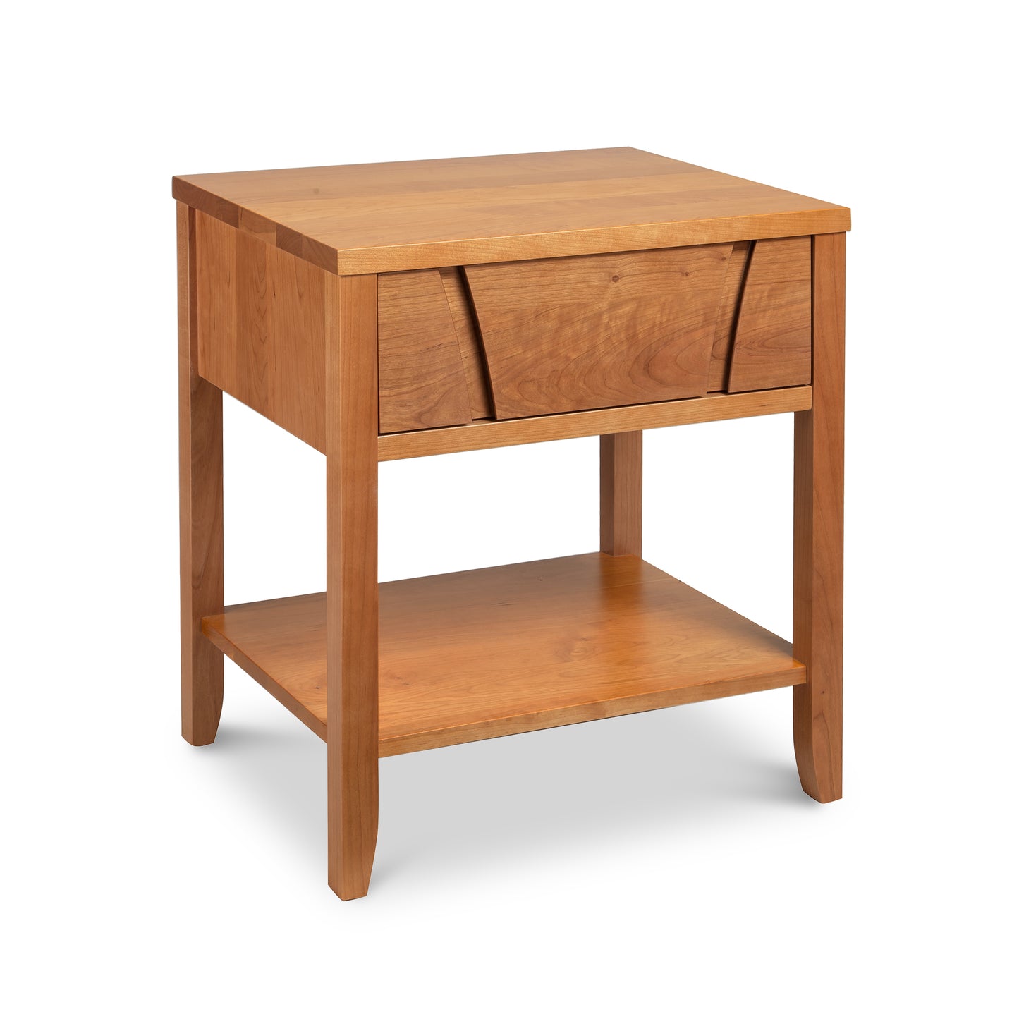 A wooden nightstand with a drawer on top.