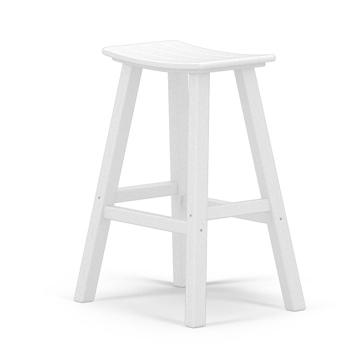 POLYWOOD Contempo Bar Height Bistro 3-Piece Set with white stools, rectangular seats, and sturdy support bars, showcasing American made craftsmanship.