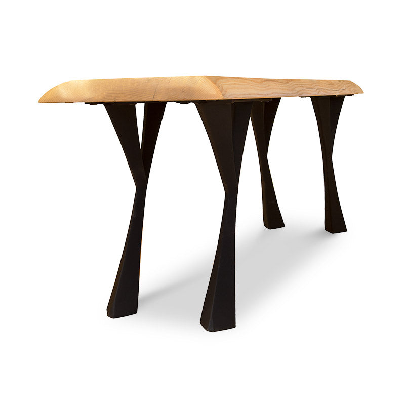 A table with black legs and a wooden top.