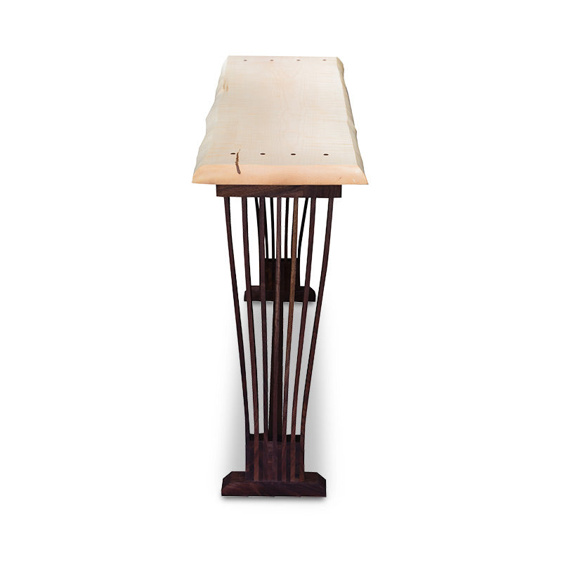 A wooden console table with a wooden top.