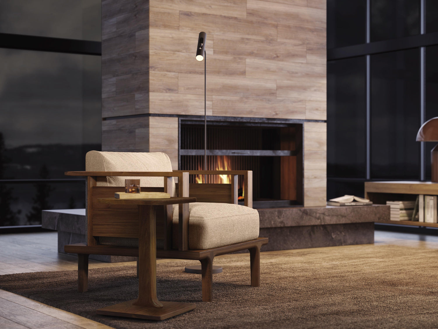 A cozy living room at dusk with a modern wooden armchair next to a lit fireplace and large windows showing a night view. a floor lamp and books add to the warm, inviting ambiance.