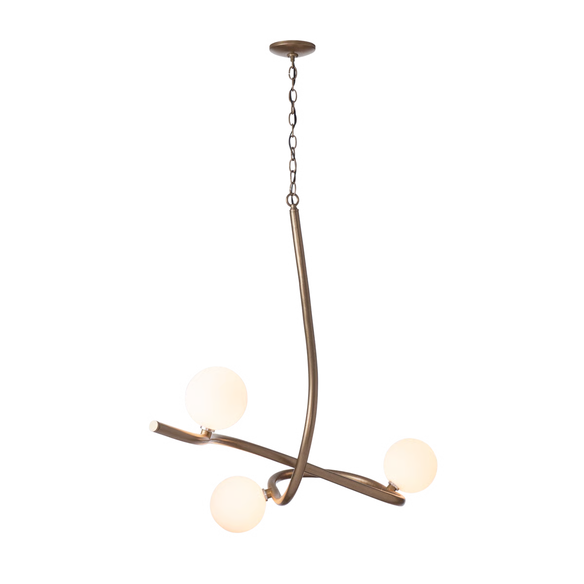 Slide Pendant floor model by Hubbardton Forge with three frosted glass globes and curved metal arms, showcasing modern Vermont craftsmanship.