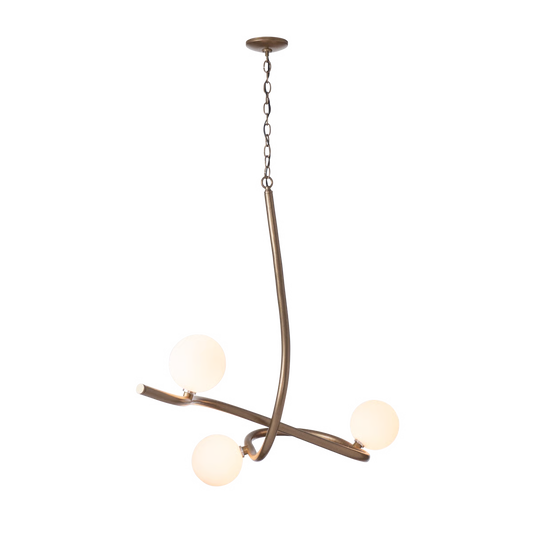 Slide Pendant floor model by Hubbardton Forge with three frosted glass globes and curved metal arms, showcasing modern Vermont craftsmanship.