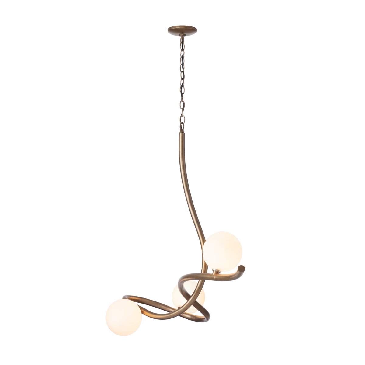 Handcrafted Slide Pendant by Hubbardton Forge featuring curved brass and frosted globes, suspended by chain, exceptional American-made design.