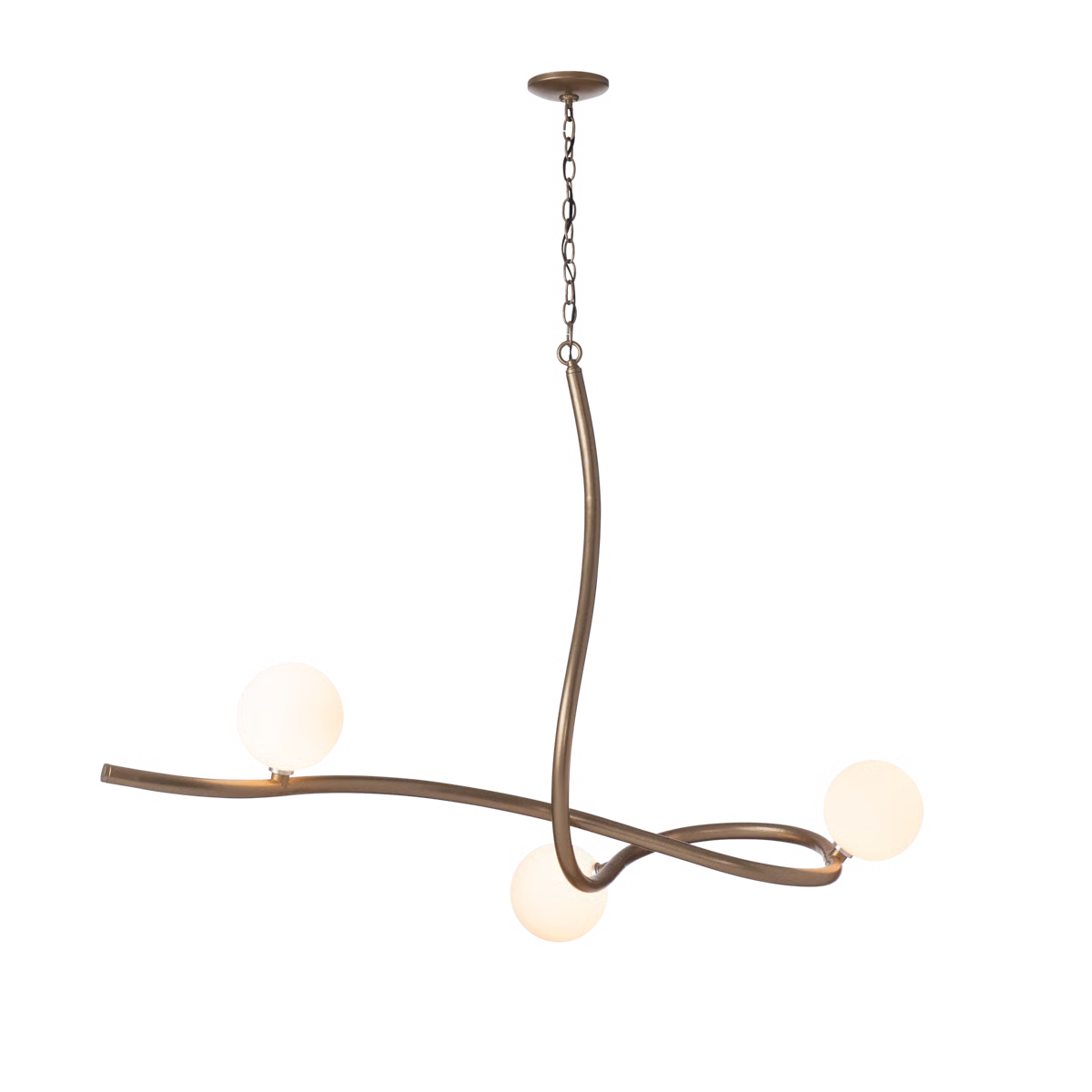 Slide Pendant - Floor Model by Hubbardton Forge features a twisted metal frame and three round white glass globes for modern lighting.