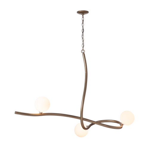 Slide Pendant - Floor Model by Hubbardton Forge features a twisted metal frame and three round white glass globes for modern lighting.