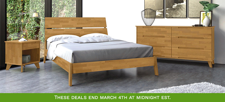 A bedroom set includes a bed with a light wooden frame, a matching nightstand, and a six-drawer dresser. The room has large windows showcasing greenery outside, a gray rug, and white walls with framed art. Text at the bottom states, "These deals end March 4th at midnight EST.