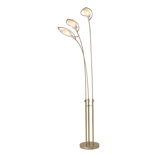 Hubbardton Forge Aerial Torchiere with three gold, leaf-inspired lights on hand-forged iron base, showcasing elegant American craftsmanship.