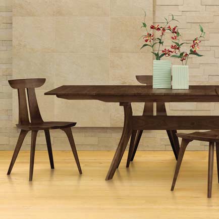 A dining table and chairs in a wooden room.