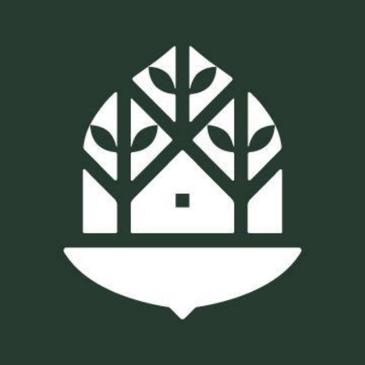 Modern QUEEN SIZE Cascade Sleigh Bed icon by Vermont Woods Studios in white on dark green, with subtle house and tree imagery in the background.