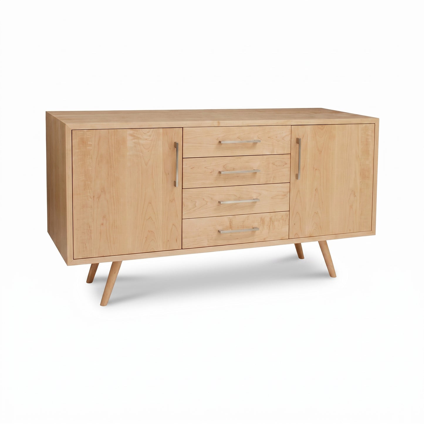 Addison 4-Drawer Buffet by Lyndon Furniture in solid wood with angled legs, sleek metal handles, and two spacious side cabinets.