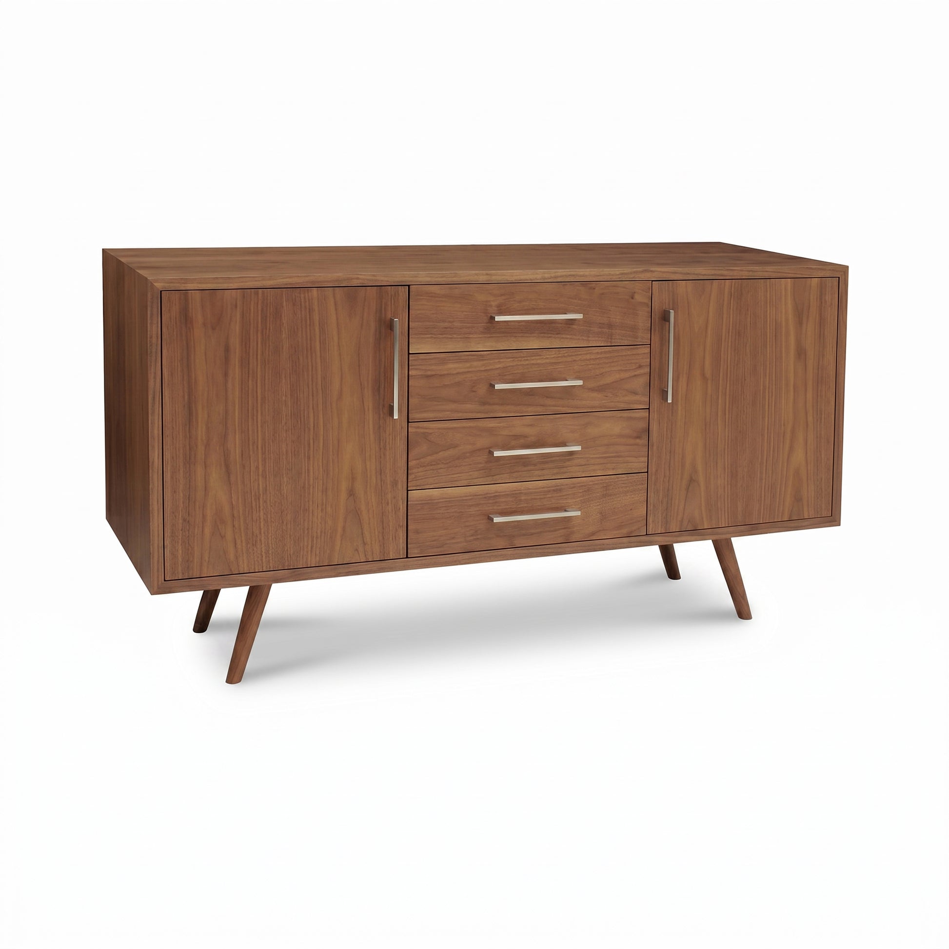 Addison 4-Drawer Buffet by Lyndon Furniture featuring two cabinets, four spacious drawers, and angled mid-century legs. American made quality craftsmanship.