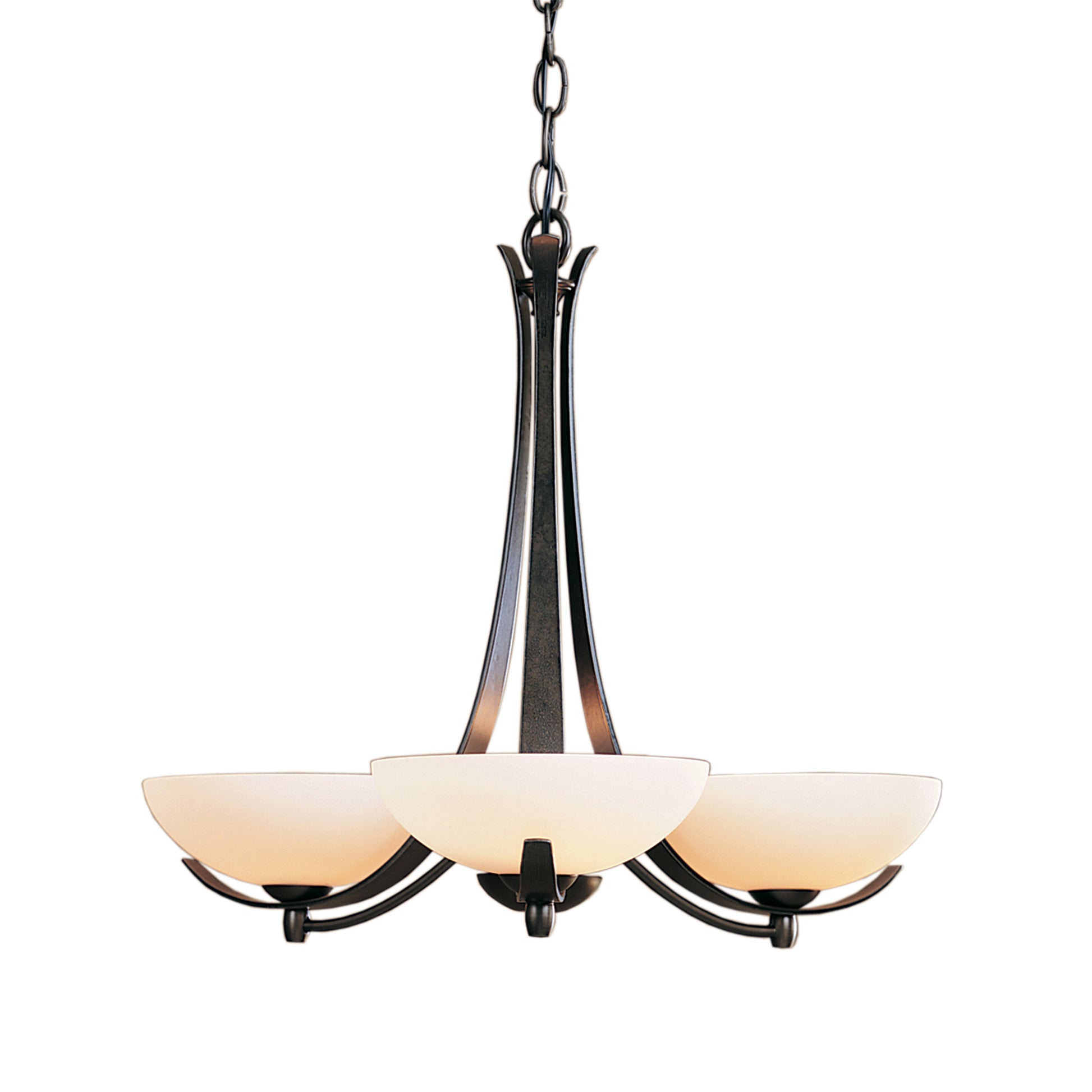 The Hubbardton Forge Aegis Chandelier, featuring hand-forged arms, showcases a stunning three light design with frosted glass shades.