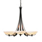 The Hubbardton Forge Aegis Chandelier, a black chandelier with frosted glass shades, showcases hand-forged arms for a unique and elegant designer lighting fixture.