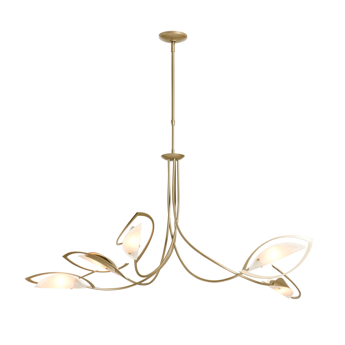 The Hubbardton Forge Aerial Pendant lighting fixture showcases a stunning gold leaf design.
Revised Sentence: The Hubbardton Forge Aerial Pendant lighting fixture showcases a stunning gold leaf design.