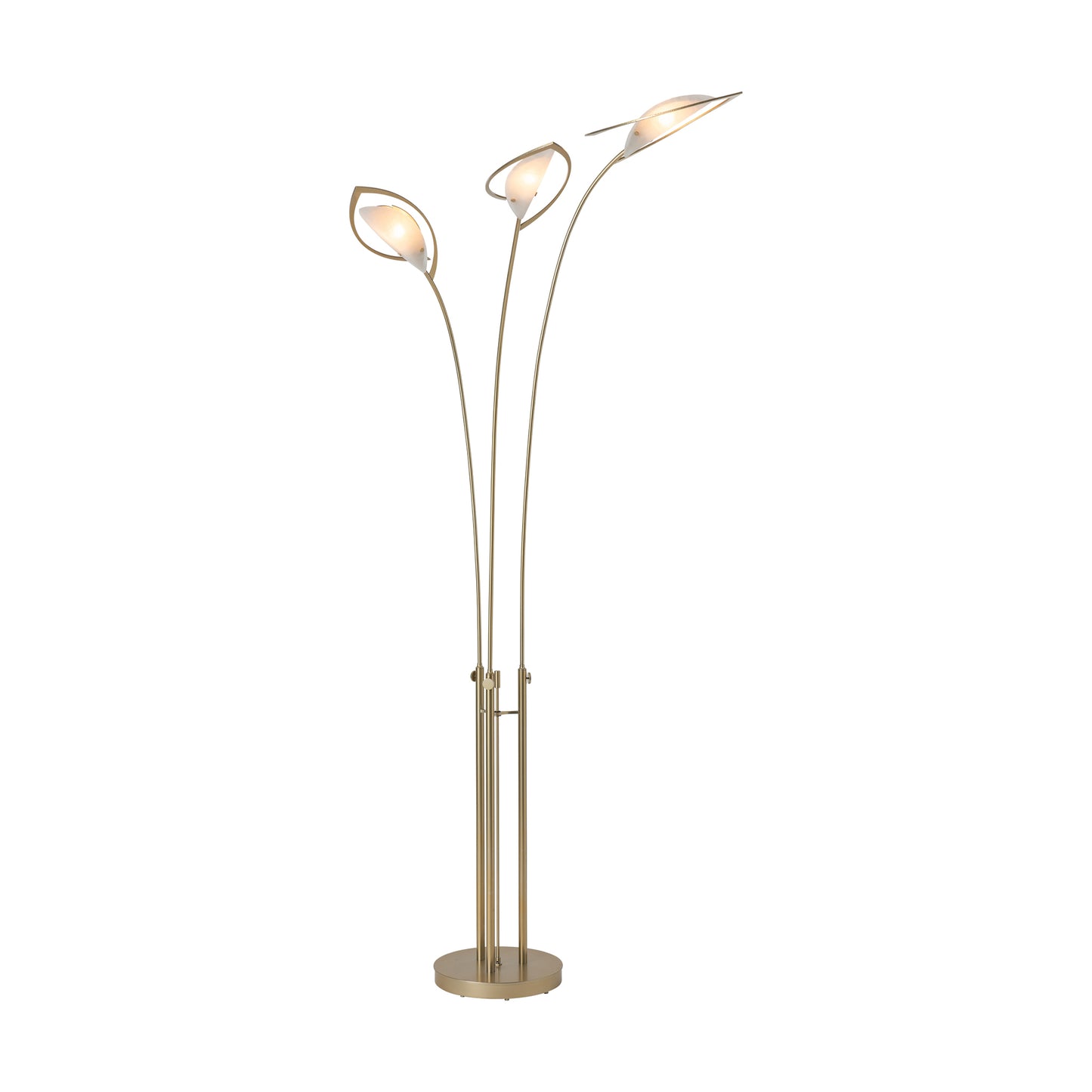 Hubbardton Forge Aerial Torchiere with three elegant curved stems and leaf-shaped lights in a modern brass finish, crafted in Vermont.