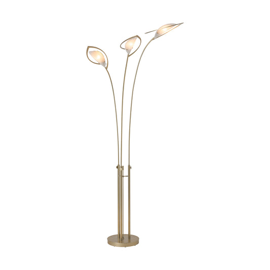 Hubbardton Forge Aerial Torchiere with three elegant curved stems and leaf-shaped lights in a modern brass finish, crafted in Vermont.
