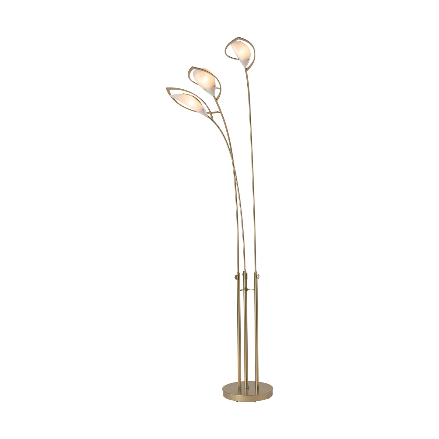 Aerial Torchiere brass floor lamp by Hubbardton Forge features three curved stems with leaf-shaped lights, highlighting modern American craftsmanship.