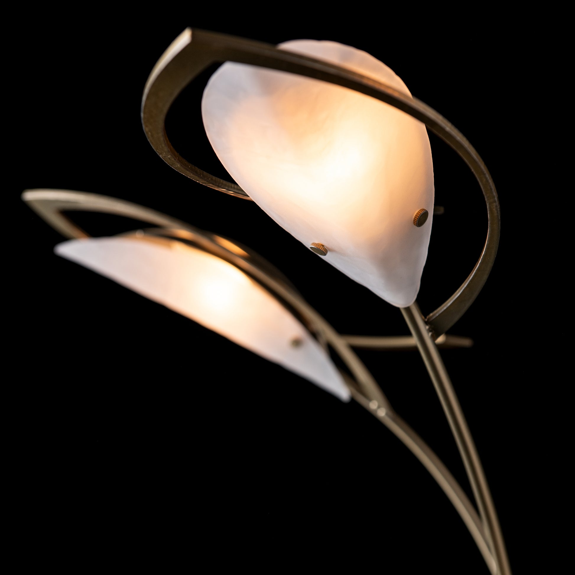Hubbardton Forge Aerial Torchiere with two elegant white petal glass shades and artisan-crafted curved metal supports, American made craftsmanship.