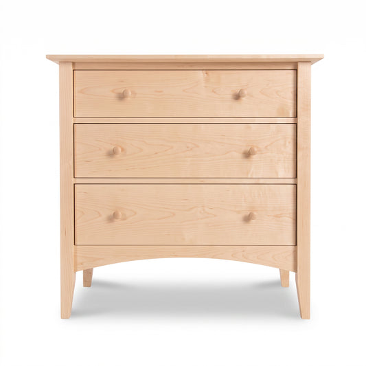 Shaker-style dresser by Maple Corner Woodworks, crafted in light wood with three spacious drawers and round knobs, American made quality furniture.