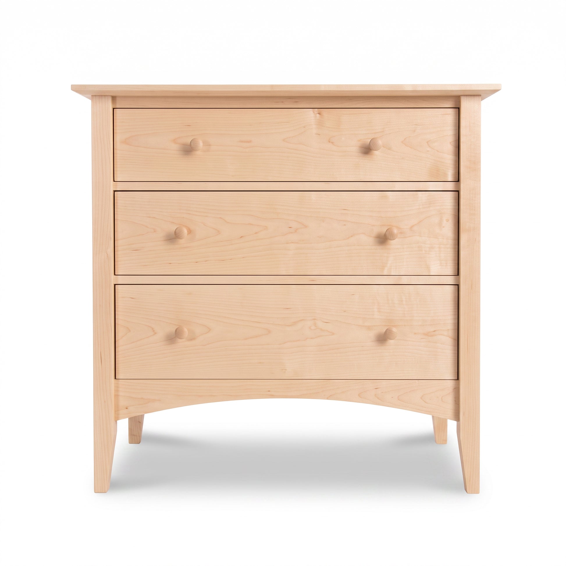 Shaker-style dresser by Maple Corner Woodworks, crafted in light wood with three spacious drawers and round knobs, American made quality furniture.