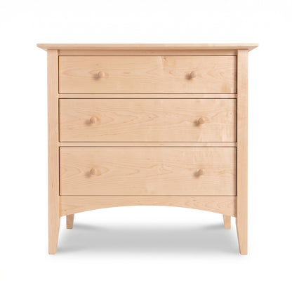 Shaker-style dresser by Maple Corner Woodworks, crafted in light wood with three spacious drawers and round knobs, American made quality furniture.