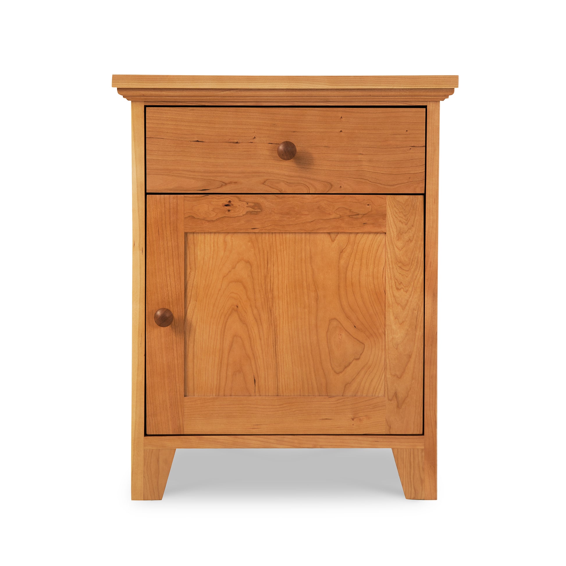 American Country Nightstand by Lyndon Furniture with natural finish, round knobs, 1 drawer, and cabinet.