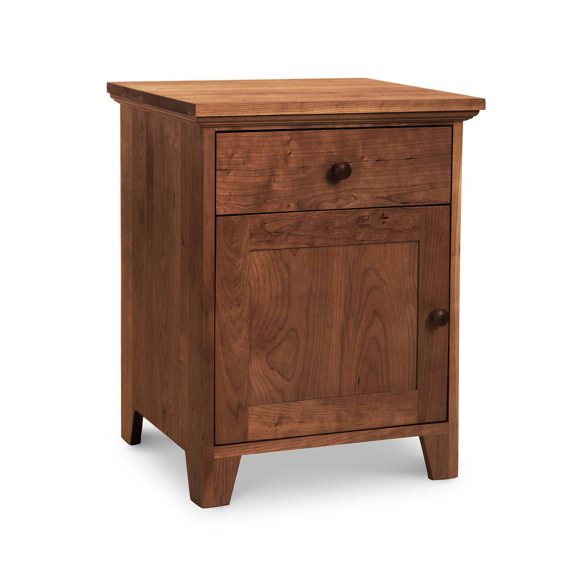 American Country Nightstand by Lyndon Furniture with a drawer, cabinet door, and natural finish solid wood featuring round handles.