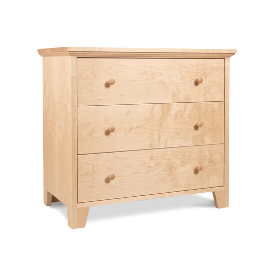 Lyndon Furniture American Country 3-Drawer Chest with angled legs, round knobs, and light wood finish. Quality Vermont handcrafted furniture.
