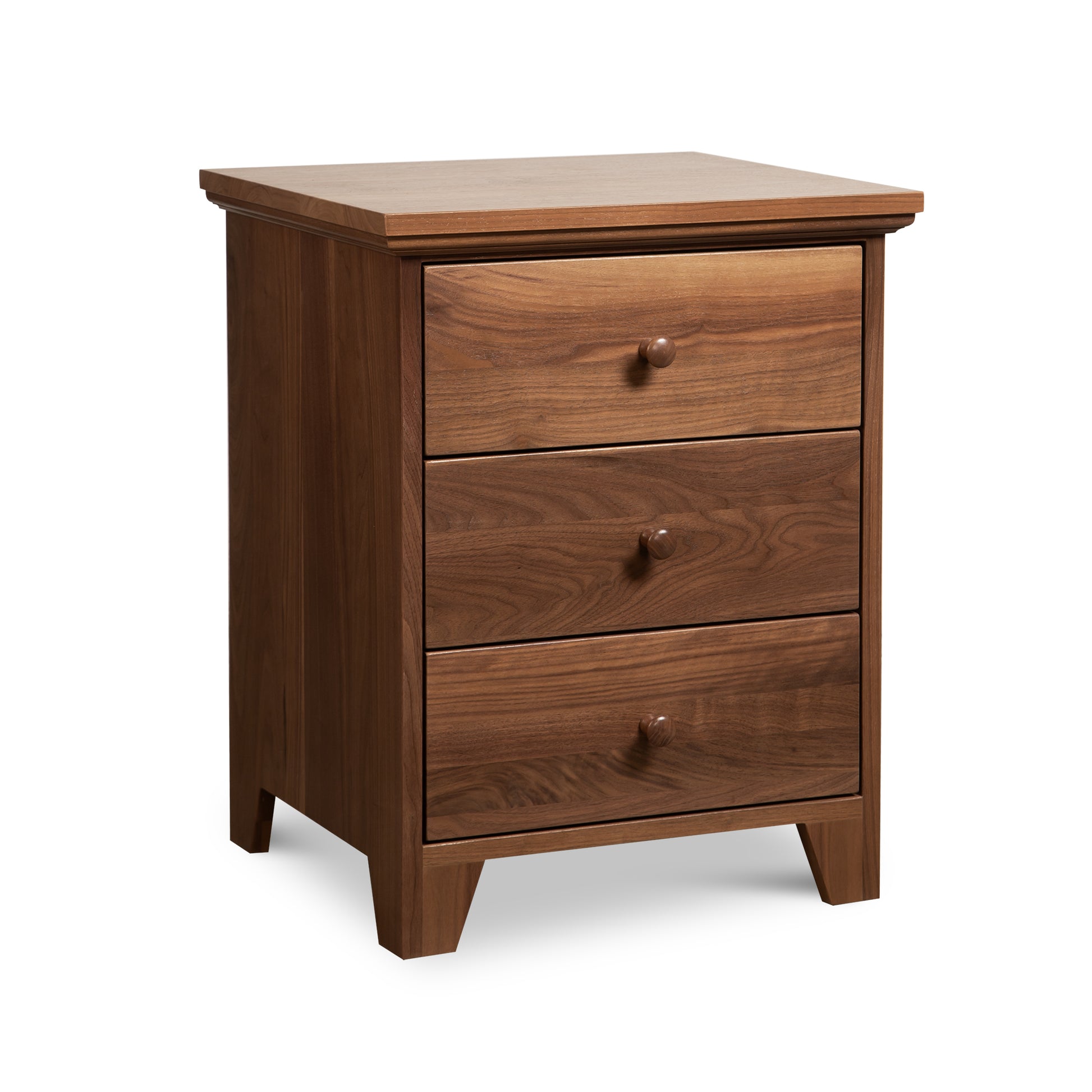 Lyndon Furniture American Country 3-Drawer Nightstand in Shaker style with round knobs, crafted in the USA from solid wood.