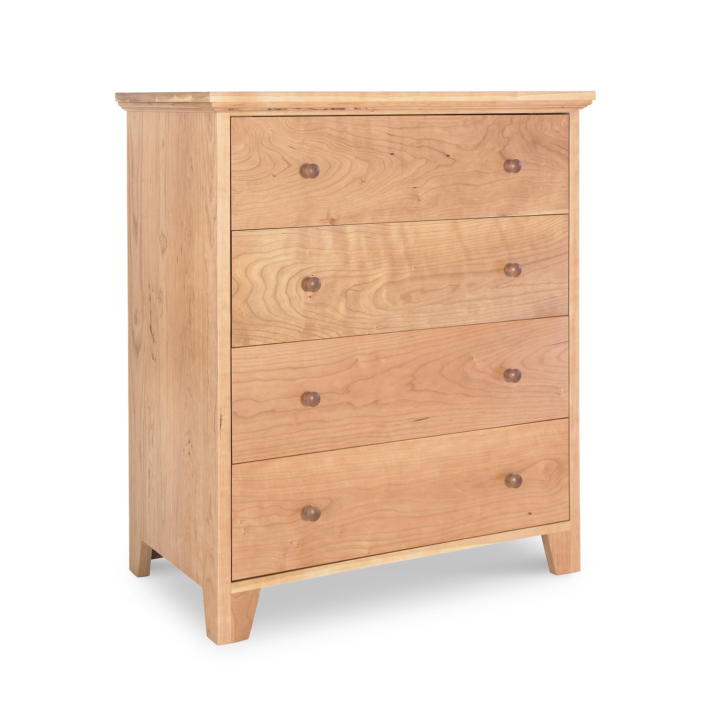 American Country 4-Drawer Chest by Lyndon Furniture with solid wood construction, round knobs, natural finish, and tapered legs.