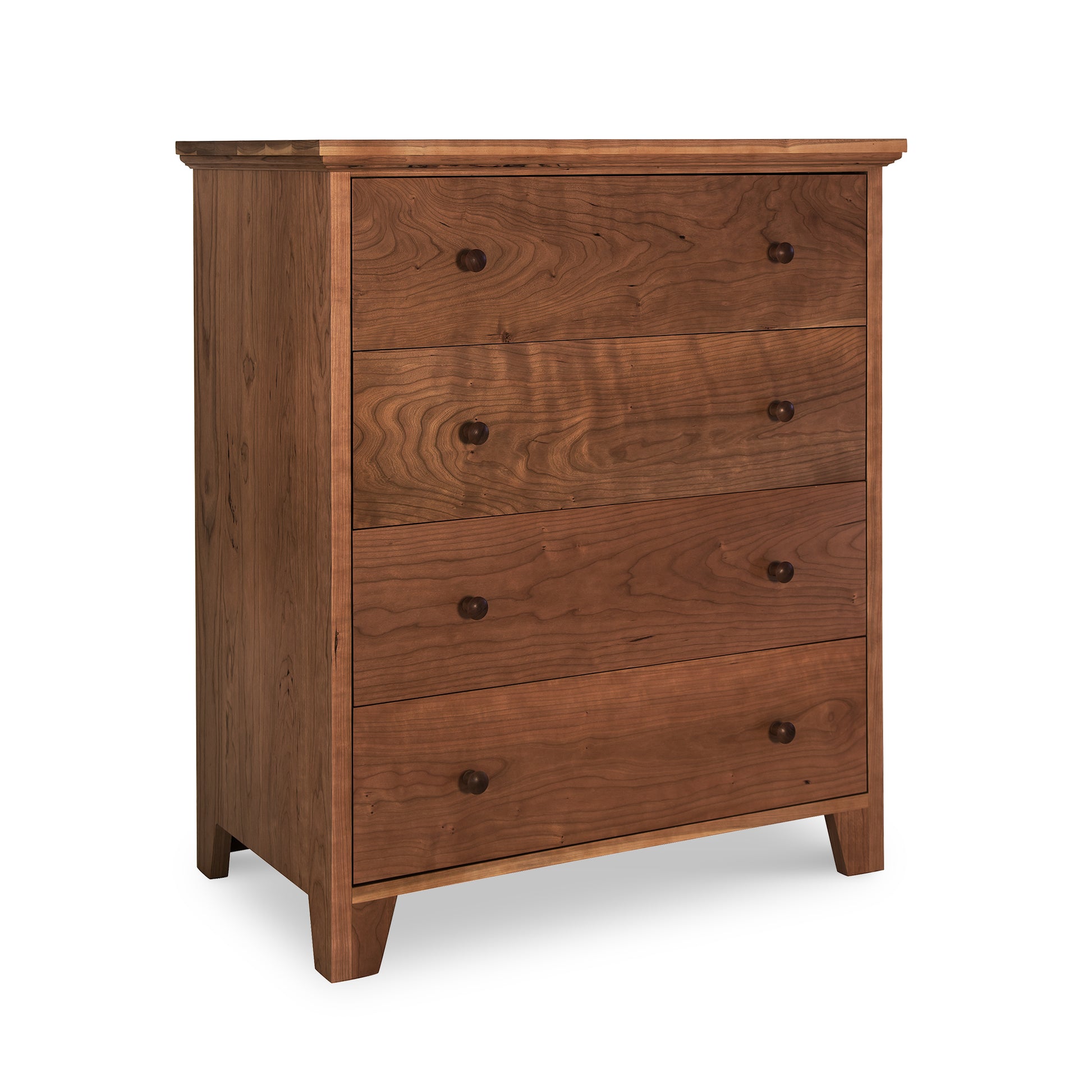 American Country 4-Drawer Chest by Lyndon Furniture with flat top, round knobs, and short legs crafted from sustainably sourced wood.