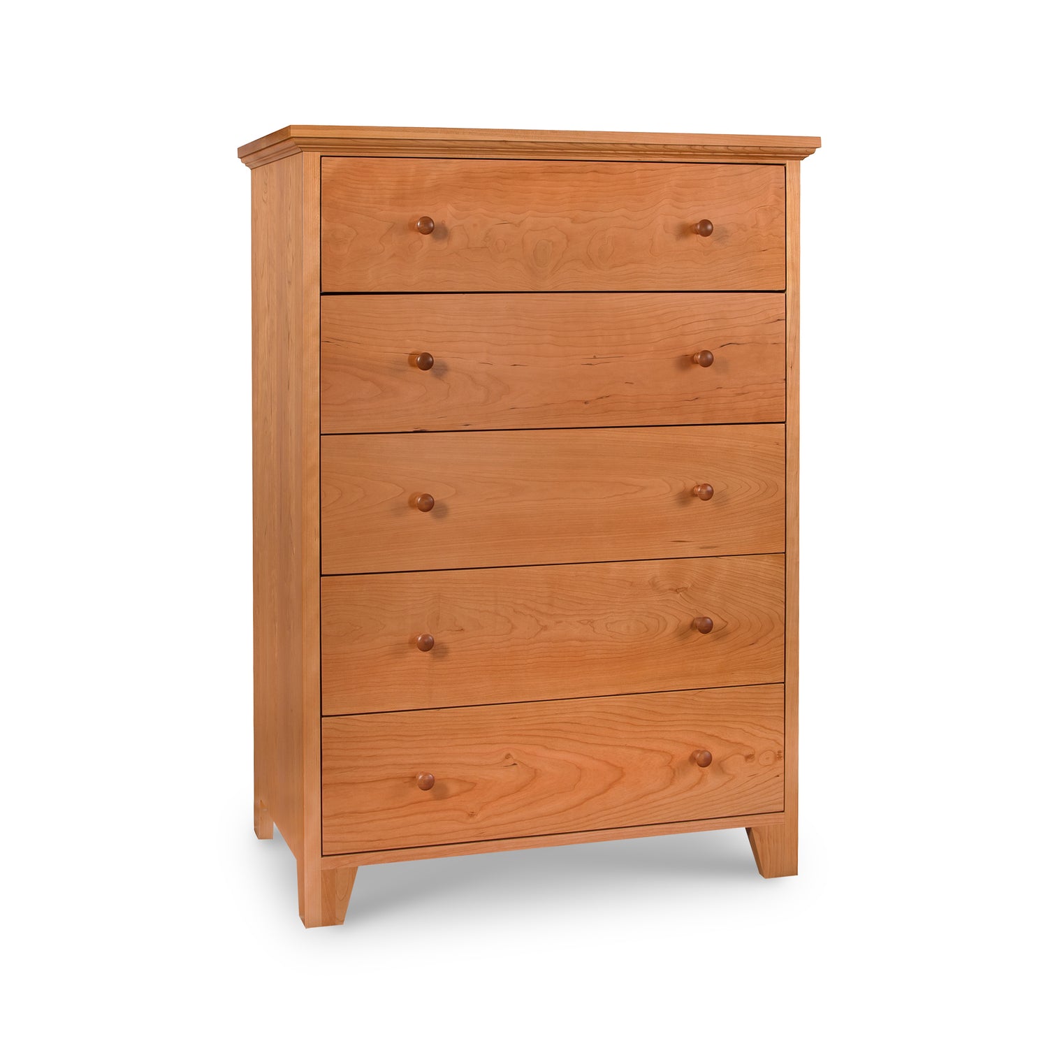 Handcrafted Lyndon Furniture American Country 5-Drawer Chest with round knobs and a smooth, sustainably sourced wood finish.