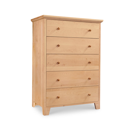 Lyndon Furniture American Country 5-Drawer Chest in natural wood with round knobs, showcasing handcrafted quality and classic design.