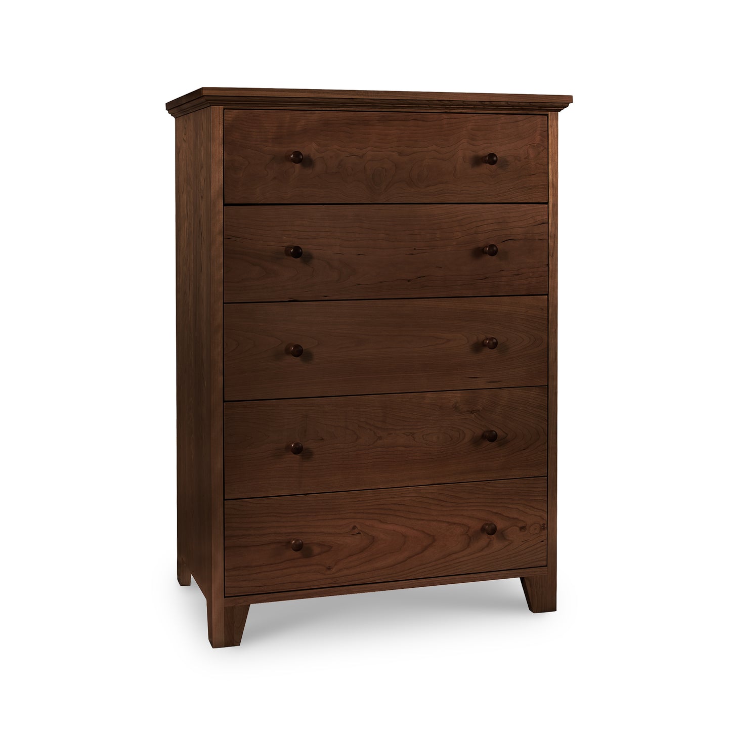A Lyndon Furniture American Country 5-Drawer Chest, handmade and crafted from solid wood, in a rich dark brown color.