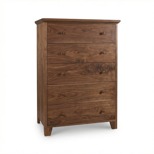 Lyndon Furniture American Country 5-Drawer Chest with round knobs, straight lines, and natural wood grain finish, handcrafted in Vermont.