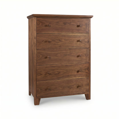 Lyndon Furniture American Country 5-Drawer Chest in solid wood, showcasing a natural finish, round knobs, and classic short legs.
