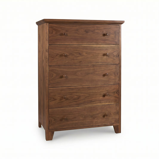 Lyndon Furniture American Country 5-Drawer Chest in solid wood, showcasing a natural finish, round knobs, and classic short legs.