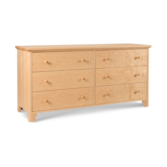 American-made solid wood American Country 6-drawer dresser by Lyndon Furniture, light finish, round knobs, expertly handcrafted in Vermont.