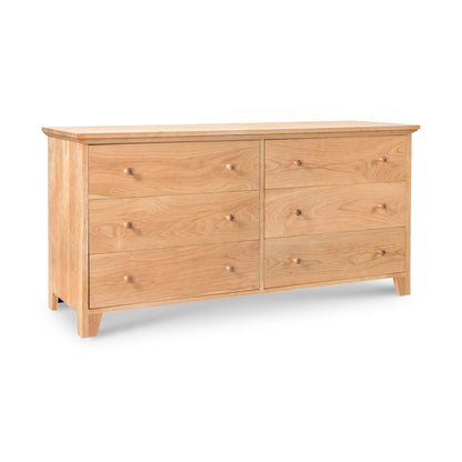 Solid wood American Country 6-Drawer Dresser with natural finish and round knobs, handmade by Lyndon Furniture in Vermont.