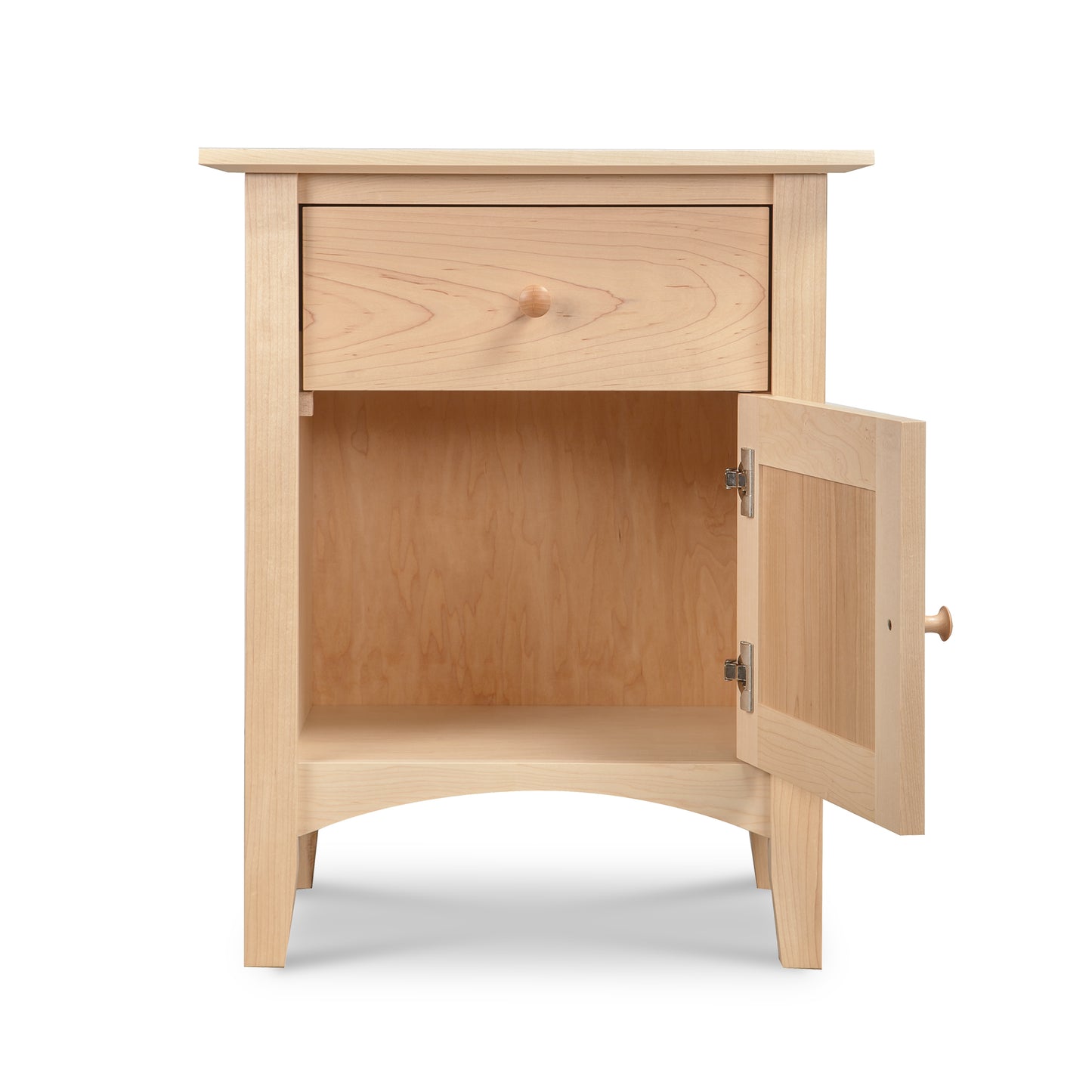 Maple Corner Woodworks American Shaker 1-Drawer 1-Door Nightstand in light wood, handcrafted Vermont furniture with classic Shaker design.