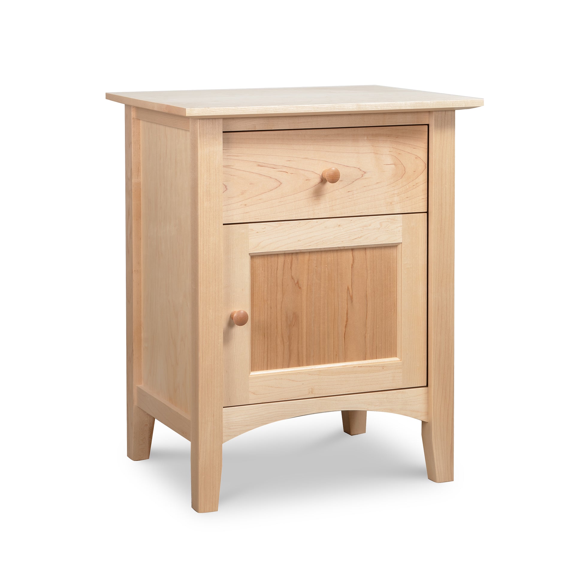 Maple Corner Woodworks American Shaker 1-Drawer Nightstand with Door, crafted in light wood and round knobs, showcases classic Vermont craftsmanship.