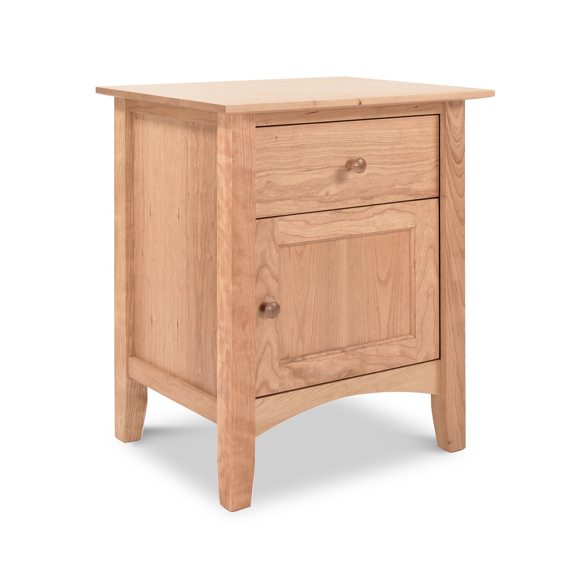 A Maple Corner Woodworks American Shaker 1-Drawer Nightstand with Door, featuring sustainably harvested wood, displayed against a white background.