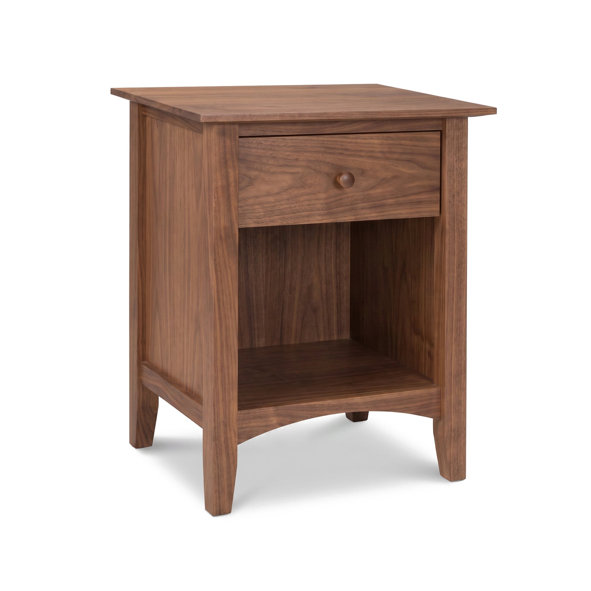 American Shaker nightstand by Maple Corner Woodworks, handcrafted in Vermont from natural cherry with 1 drawer and enclosed shelf.