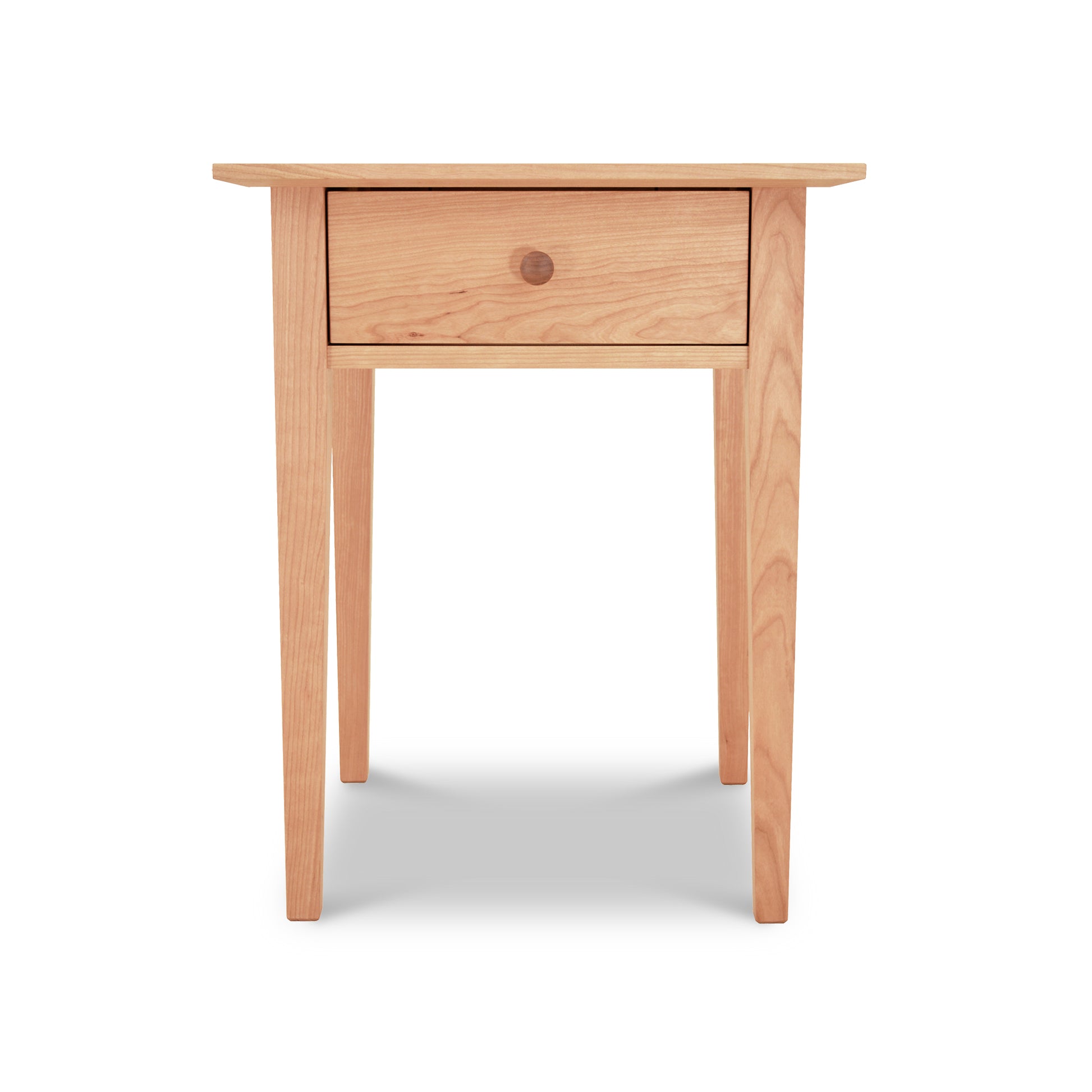 A simple American Shaker 1-Drawer Nightstand from Maple Corner Woodworks, featuring a round knob, handcrafted from solid hardwoods, standing against a plain white background.