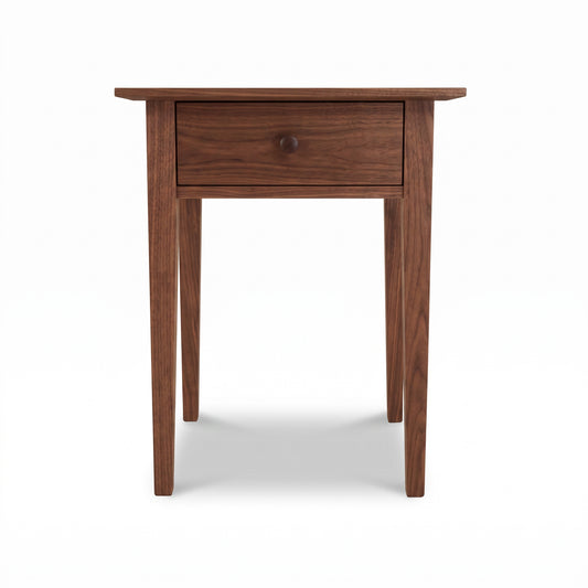 Maple Corner Woodworks American Shaker 1-Drawer Nightstand in natural black American walnut with four straight legs, showcasing handcrafted, solid wood quality.