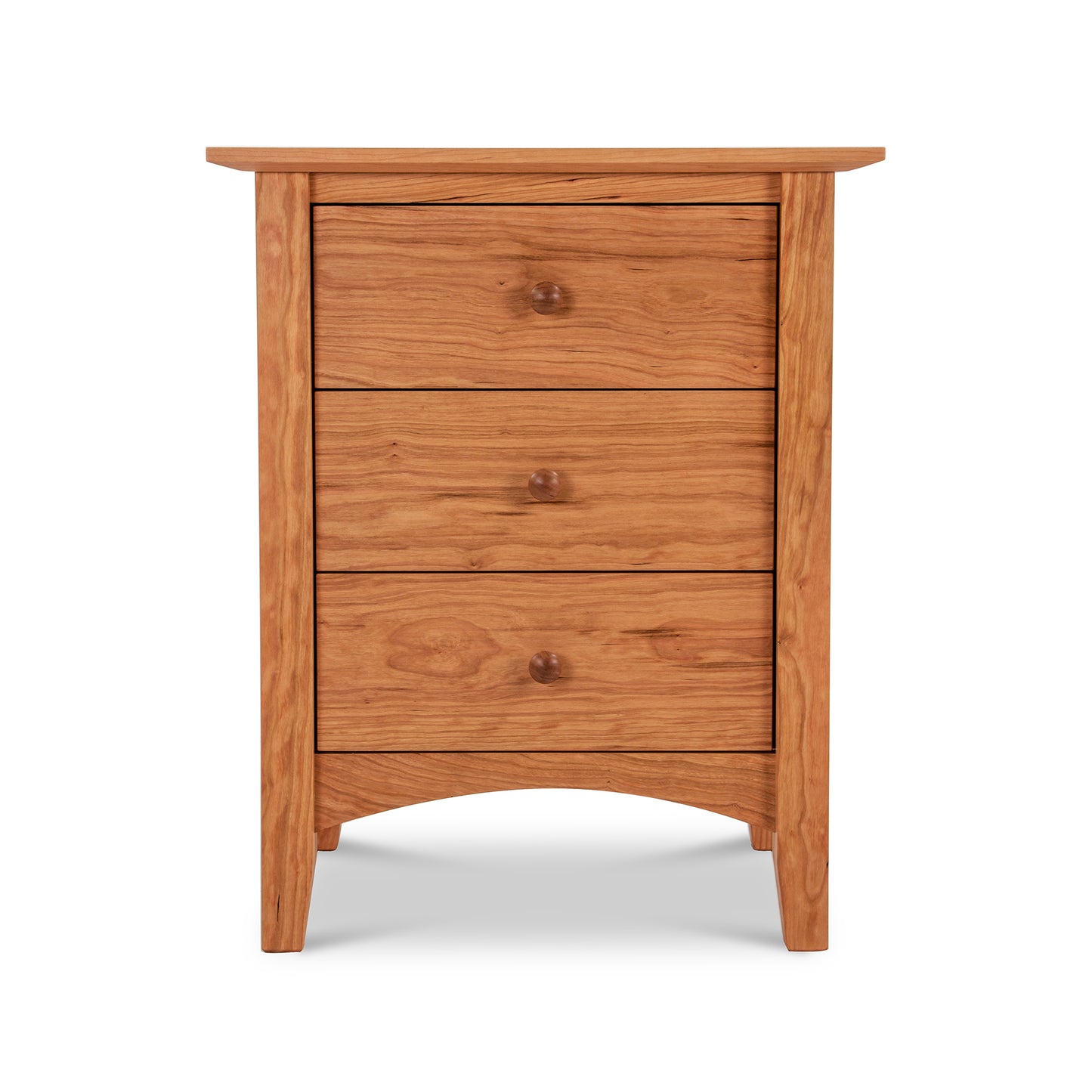 Alt text: American Shaker 3-Drawer Nightstand by Maple Corner Woodworks crafted from natural hardwood, featuring three drawers with round wooden knobs, flat top, and tapered legs. Authentic Vermont craftsmanship with visible wood grain and natural finish for a rustic solid wood nightstand.