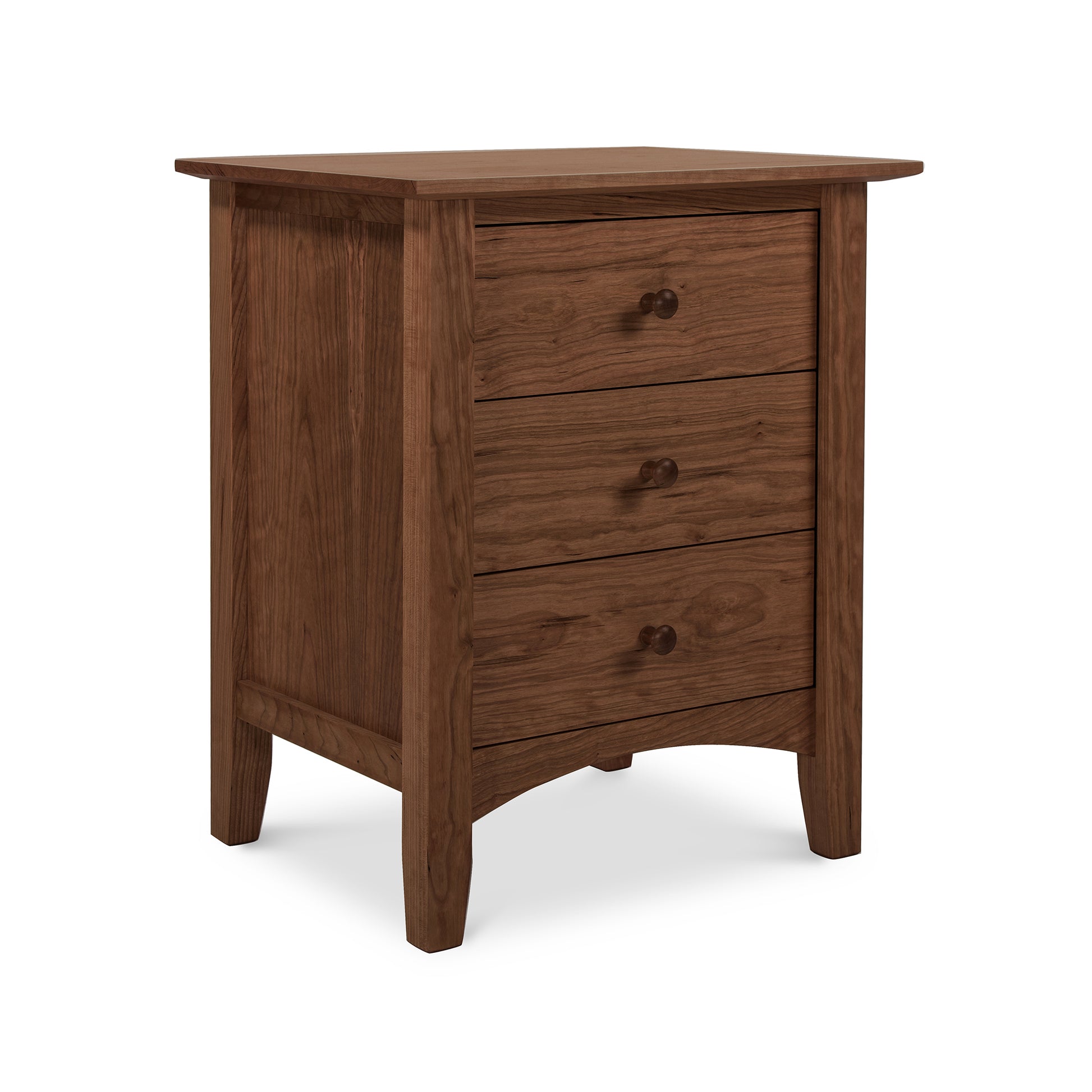 A Maple Corner Woodworks Vermont-crafted American Shaker 3-Drawer Nightstand featuring three drawers with round knobs and slightly slanted legs, photographed against a white background.
