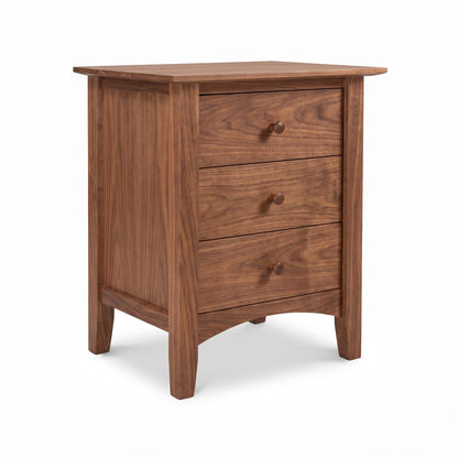 Maple Corner Woodworks American Shaker 3-Drawer Nightstand with round knobs, handmade in Vermont from solid wood.
